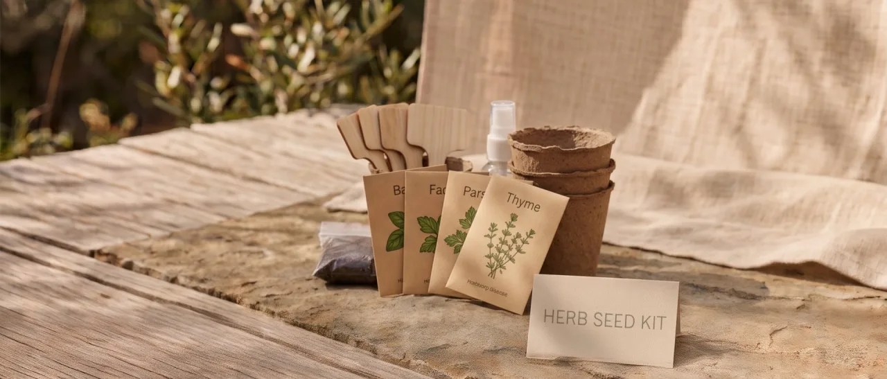 Products of the shop arranged on a sunny wooden table
